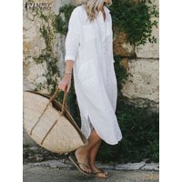 ZANZEA Women Bohemian Cotton Shirt Dress 2025 Summer Turn-down Collar Long Sleeve Rounded Hem Midi Dresses Casual Loose Robes