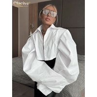 Clacive Fashion Loose White Women's Shirt 2025 Elegant Lapel Long Sleeve Shirts Lady Streetwear Solid Crop Top Female Clothing