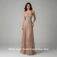 SOLIS Champagne Prom Dresses Spaghetti Strap Gala Dresses Sleeveless Saudi Arabic Glitter Sequin Evening Party Gown Customized