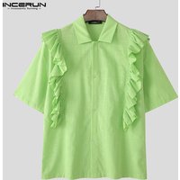 INCERUN Men Shirt Cotton Solid Color Lapel Short Sleeve Ruffle Men Clothing Streetwear Summer Oversize 2025 Fashion Male Shirts