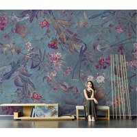 American Hand-Painted 3D Flower & Bird Wallpaper Art Pink Mural Customizable Living Room TV Background Wall Decor