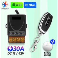 433Mhz Wireless Remote Control Switch 30A DC 12V 24V 48V 72V High Power RF Relay Receiver for Pumps Light Lamp LED 70m Range