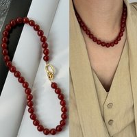 Yupsk French Dark Red Agate Natural Stone Strand Beaded Necklace for Women Double Toggle Clasp Versatile Sweater Chain Choker