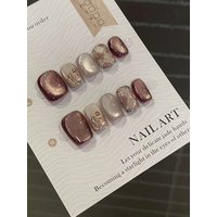30Pcs Short Square Romantic Chestnut Latte Cat'S Eye Rhombic Fake Fingernail Set Is Suitable For Students, Office Workers, Daily