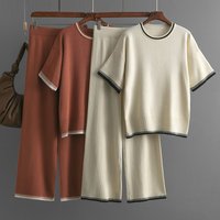 Pant Sets Women Two Piece Knit Top Short Sleeve Round Neck Pullovers Patchwork Midi Waist Long Pants Lady Straight Casual