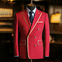 Men's Pinstripe Blazer Double Breasted Slim Fit Peaked Lapel With Gold Trim Formal Suit Jacket For Groomsman Wedding Prom Hot