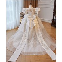 Customized Flower Girl Dress For Wedding Appliques Bow High Waist Floor Length Luxury Kids Birthday Party First Communion Gown