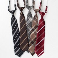 JK Ties Women Casual Striped Lazy Tie Brown Navy Red Polyester Neckties Handmade Lazy Tie Shirt Uniform Knot Free Short Cravat