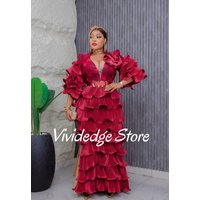 Customized Red Elegant Mother Dresses V Neck Half Sleeve Tiered A-Line Ruffled and Floor Mother of the Bride Banquet Dresses