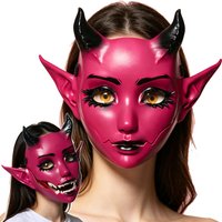JAUPTO Rose Red Devil Mask with Moving Jaw Halloween Demon Cosplay Mask Horned Goblin Costume Party Fancy Dress Props