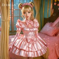 Short Pink Satin Lolita Prom Dress High Collar Bow Ruffle Puff Sleeve Cosplay Party Costume Birthday Special Occasion Customized