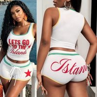 HLJ&GG White Summer New Letter Print Shorts Two Piece Sets Women O Neck Sleeveless Slim Crop Top And Drawstring Shorts Outfits