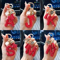 Red English letter car keychain, delicate with diamond bag, pendant, fashionable tassel key chain accessory