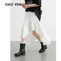 CHIC VEN Women Skirts High Waisted Irregular Ruffled Edge Skirt A-line Medium Length Female Fishtail Skirt Summer 2024