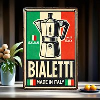 1 Vintage Bialetti Italian Espresso Metal Sign () - Rustic Wall Decor Featuring Flag Colors, Perfect for Kitchen, Cafe,