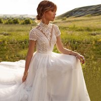 Bohemian Lace Tulle High Collar A-line Wedding Dress Boho Backless Short Sleeve Vintage Bridal Gown Elegant Vestido De Novia