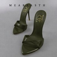 2026 Fashion Sexy patent leather Shallow Slim High Heels Women's Pointed Open Toe Outdoor Solid Color Sandals Slippers Mules
