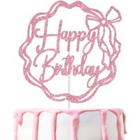 Happy Birthday Cake Topper, Pink Knot Bows Birthday Cake Decoration for Girl Woman, Bow Bday Decoration Supplies
