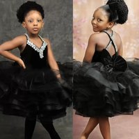 Black Flower Girl Dresses for Wedding Crystal Ruffles Knee Girl Kids Birthday Ball Gown First Holy Communion Gowns Customized
