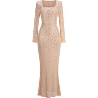 Sexy Glitter Diamonds Long Sleeve Mesh See-Through Maxi Dress Women Apricot Square Neck Shining Crystal Slim Long Gowns Party