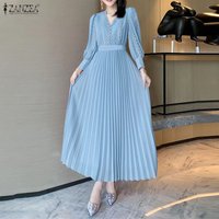 ZANZEA Long Maxi Dress Women Summer Autumn Lace Patchwork V Neck OL Work Party Pleated Dresses Oversize 3XL Long Sleeve Vestidos