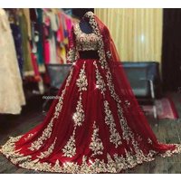 Sexy Indian Arabic burgundy Wedding Dresses With cape veil Two Piece gold lace Muslim Half Sleeve Blue Dubai Bride Gown custom