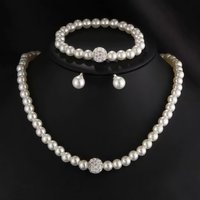 3 PCS Imitation Pearl Fireball Necklace Bracelet Earring Stud Jewelry Set Silver Color Crystal Stone Elegant Bridal Jewelry Gift
