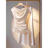 Women's Two-Piece Chiffon Skirt Set, Summer Elegant Ruffled Neck Sleeveless Slim Fit Top and Skirt Set, Fashionable Ladies