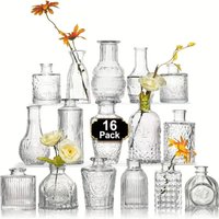 16Pcs Vintage Small Glass Bud Vases Clear Embossed Flower Vases for Wedding Table Decor Perfect for Home Event Decoration