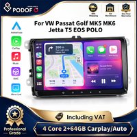 Podofo 9'' Android 13 Wireless Carplay Car Multimedia Player for VW Passat Golf MK5 MK6 Jetta Touran Tiguan Caddy Polo EOS Scirocco Seat Altea Leon Skoda Octavia