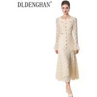 DLDENGHAN Appliques Lace Dress For Women O-Neck Flare Sleeve Button Vintage Dresses Fashion Autumn Runway New