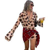 Leopard Printed Women's Short Dress Scarf Outfits Lapel Long Sleeve Button Dresses 2 Pieces 2026 Summer Holiday Beach Vestidos