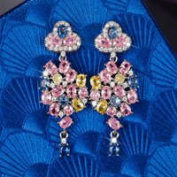 Luxurious Colorful Cubic Zircon Earrings For Wedding,Flower CZ Dangle 925 SIlver Needle Earring For Women Pretty Jewelry