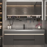 Modern Luxury Bathroom Vanity with Qimei Stone Integrated Sink Grey Cabinet Combo with LED Smart Mirror for Bathrooms furniture