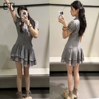 ETJ 2026 Spring Women's New Collection - College-style Fashion-Forward Layered Decorated Checkered Shirt-style Dress