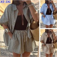 Summer Women's Striped Shirt Casual Shorts Suit Women's Two-piece Set Loose Beach Style Women's Knitted Suit Matching Pants