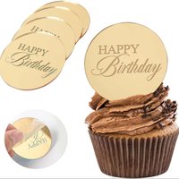 20pcs Gold Mirror Acrylic 'Happy Birthday' Cake round Carved Cupcake Toppers for DIY Dessert Decor Pastries Flower Bouquets