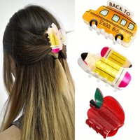 3Pcs Set Fun Campus Style Grip Clip Set Pencil School Bus Apple Shaped Hairpin Girl Heart Color Back Hair Clip Headpiece