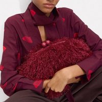 Women Faux Fur kisslock Clutch bag winter warm dark grey red pouch frame clasp bag with chain crossbody