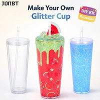 2PC DIY Glitter Tumbler Cup with Straw Sparkly Water Bottle Customizable Reusable Craft Kit for Kids Teens Summer Gift Party Fun