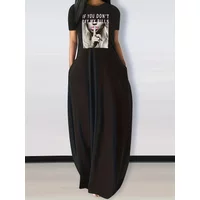 Spring and summer new fashion letter girl printed round neck loose casual slim long short-sleeved dress