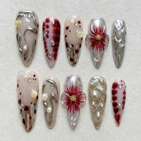 30pcs Nude Red 3D Flower Press On Nails Long Stiletto Fake Nails with Silver Metal Line & Pearl False Nail for Women&Girl