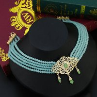 Sunspicems Ethnic Beads Necklace for Women Jade Color Chain Gold Plating Pandant Moroccan Choker Necklace Bridal Wedding Jewelry