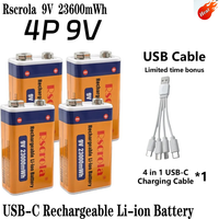 Rscrola 9V USB-C Rechargeable Battery 23600mWh Li-ion Constant Voltage for Guitar Pedal Smoke Detector Multimeter, Long Life wit