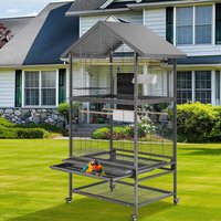 Extra Large Bird Cage with Stand,Rolling Parrot Cage Aviary Flight Cage with Roof Top, Storage Shelf,Metal Feeders and Perches