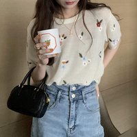 Knitted Sweater Women Pullovers Knitwears O-Neck Embroidery Knit Sweater Pullover Women Tops Fashion Short Sleeve Sweaters Q3379