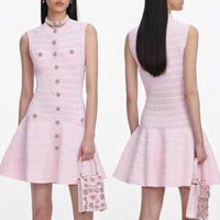 Women pink knitted mini Dress Rhinestone Buttons Round Neck Sleeveless Slim Mini dress