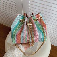 Large Capacity Straw Woven Shoulder Pouch Leather Anti-splash Water Drawstring Chain Bucket Bag Rainbow Color Strips Polyester