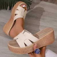 Plus Size Fashion Chunky Platform Slippers for Women 2025 Summer Woven Wedge Heel Sandals Woman Thick Sole Non Slip Beach Shoes