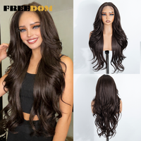 FREEDOM Layered Curl Synthetic Lace Front Wigs For Women 28 Inches Long Wavy Ombre Brown Blonde Lace Wig With Bangs Cosplay Wigs